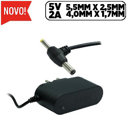 FONTE TOMADA 5V 2A - 2 PLUG 5,5MM X 2,5MM E 4,0MM X 1