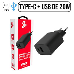 EN. CARREG. TOMADA TYPE-C + USB DE 20W PRETO (BO