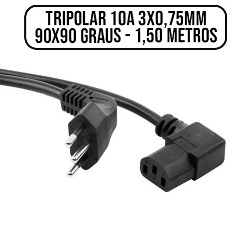 CABO DE FORCA TRIPOLAR 10A 3X0,75MM - 90X90 GRAUS - 1,