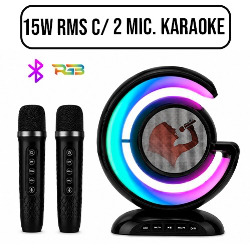 CAIXA DE SOM BLUETOOTH d15W RMS C/ 2 MIC. KARAOKE RE